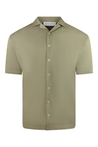 Khaki short-sleeve Cuban shirt with button-front and pointed collar