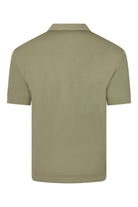 Khaki short-sleeve Cuban shirt back with relaxed shoulders and smooth hem