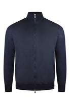 Navy hybrid zip jacket with wool front, stand collar, long sleeves, full front zipper.
