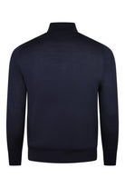 Navy hybrid zip jacket back view with stand collar and long sleeves, full-length zipper.