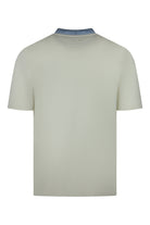 Men's short-sleeve T-shirt back view in pale lemon white with blue crew neck rib