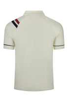 Cream terry polo shirt, back view, ribbed collar and sleeve stripe