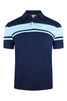 Kids polo shirt with navy and light blue horizontal stripe, half placket and collar