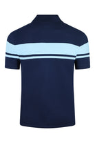Kids polo shirt back view in navy with light blue shoulder stripes