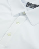 White polo collar with three-button placket and fabric-covered buttons