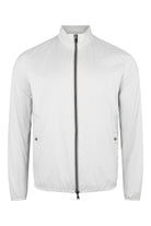 Reversible bomber jacket in light gray with center front zip and stand collar