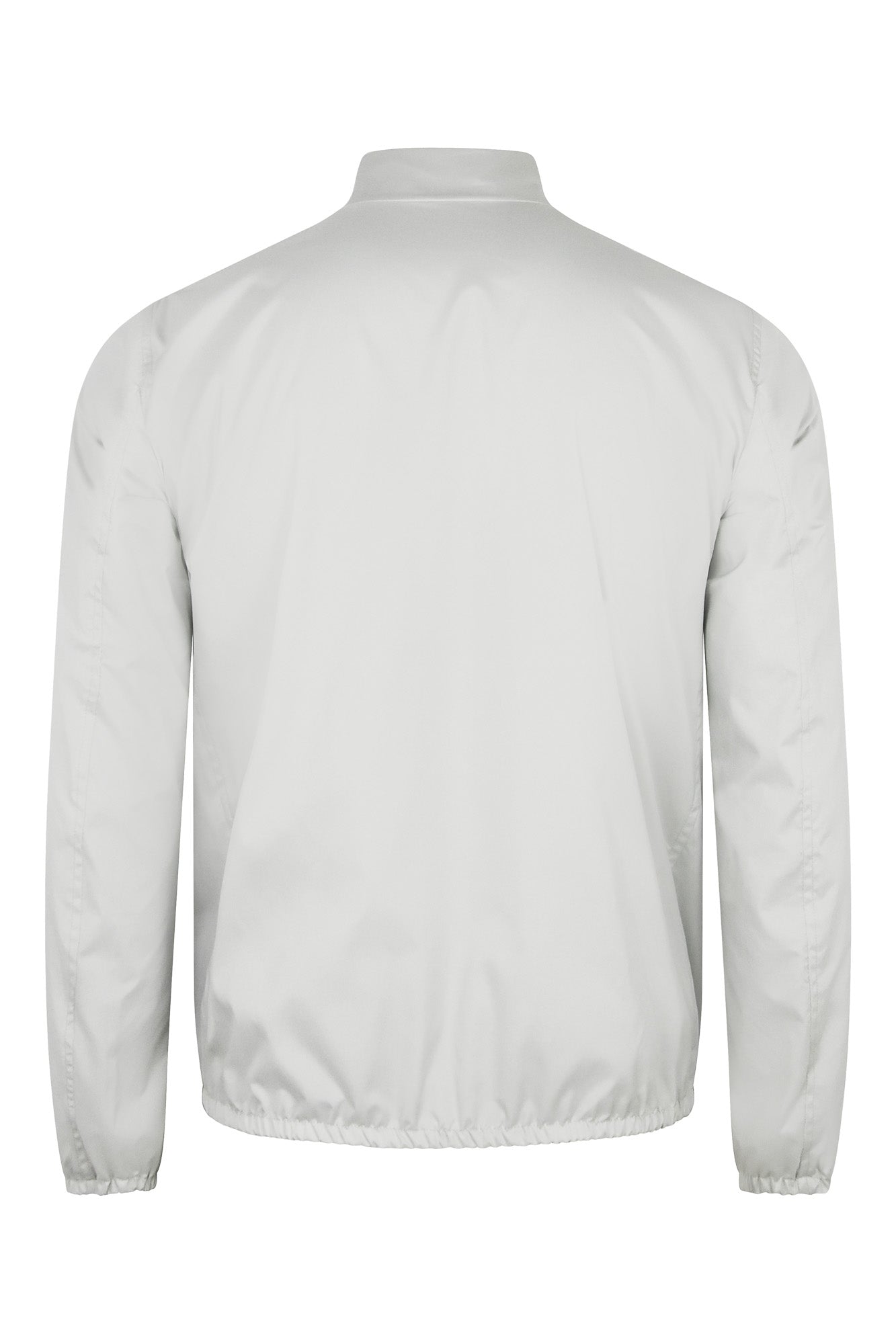 Reversible bomber jacket, light gray back view with stand collar and elastic cuffs