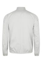 Reversible bomber jacket, light gray back view with stand collar and elastic cuffs