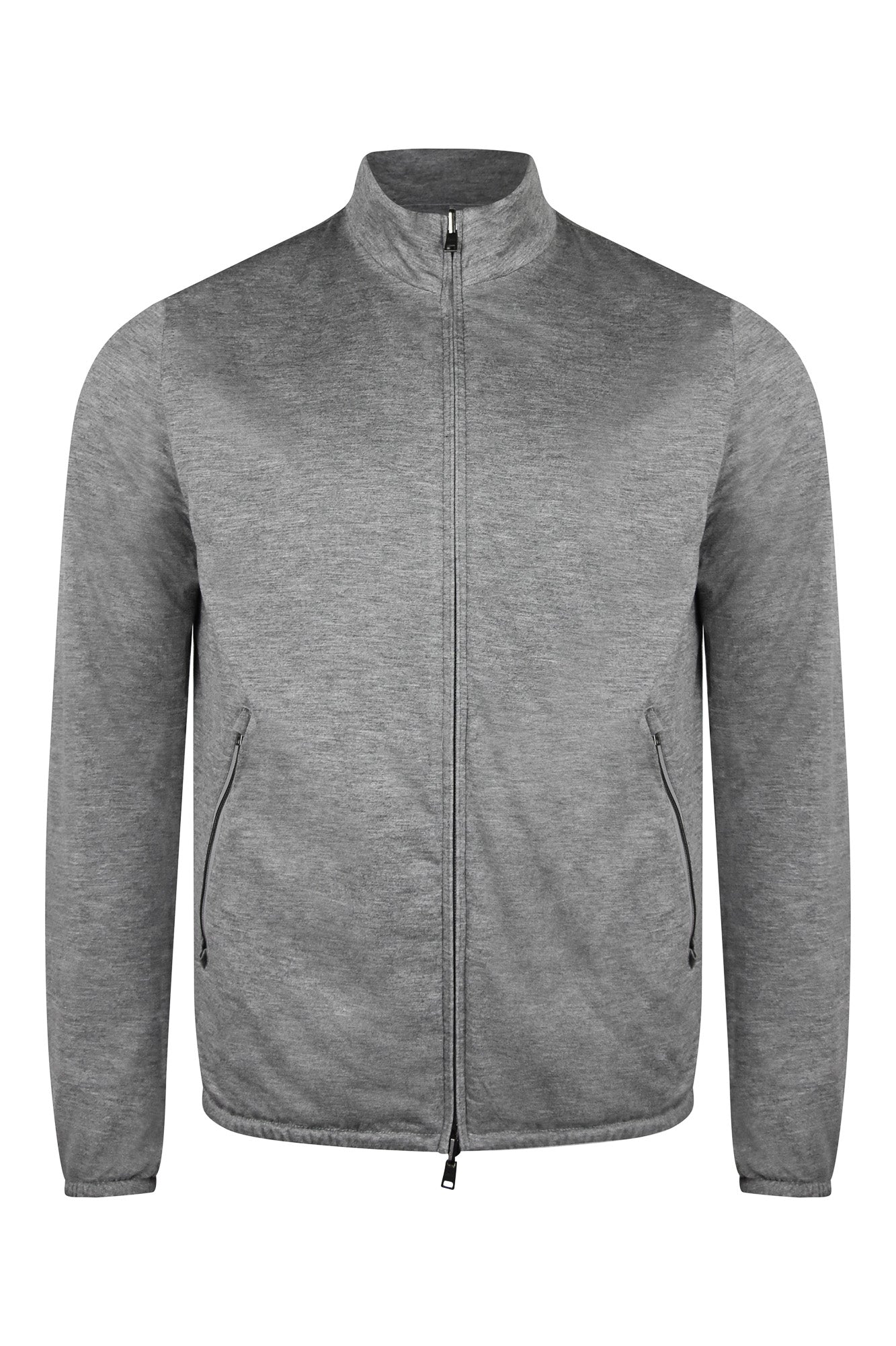 Reversible bomber jacket in heather gray with front zip and stand collar