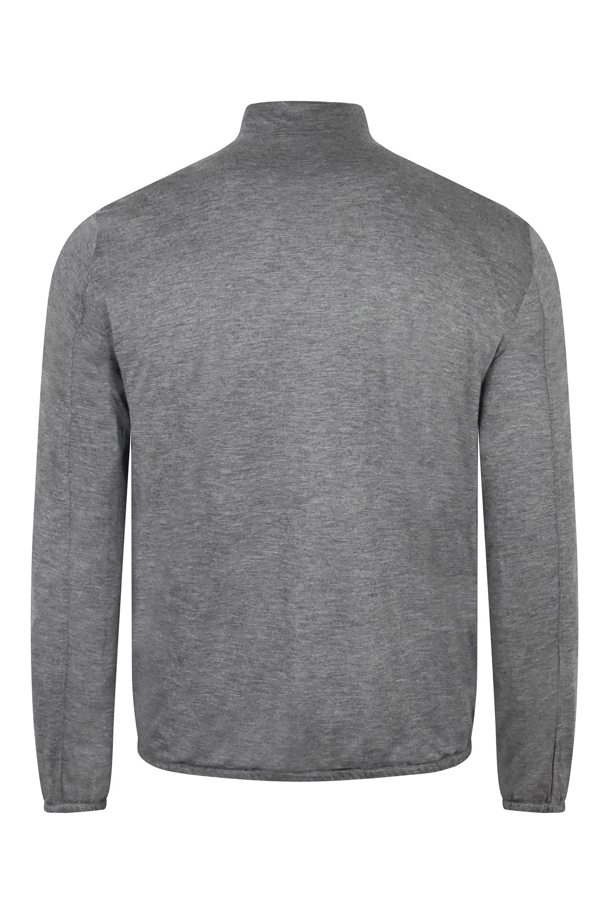 Reversible bomber jacket, heather gray back view with stand collar and elastic hem