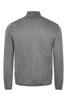 Reversible bomber jacket, heather gray back view with stand collar and elastic hem