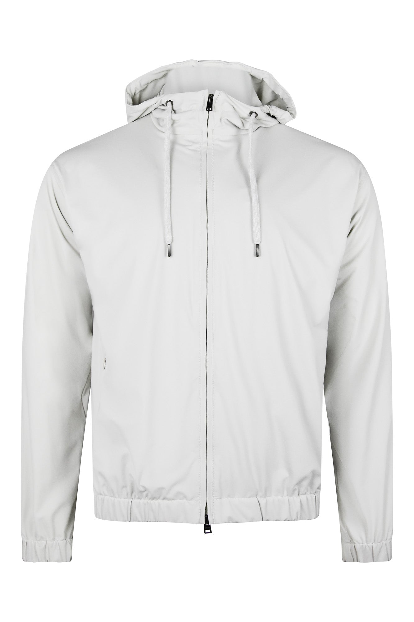 Off-white hooded nylon jacket with full front zip and drawstring toggles