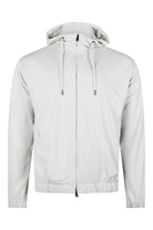 Off-white hooded nylon jacket with full front zip and drawstring toggles