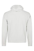 Off-white hooded nylon jacket, back view, gathered hem and drawstring