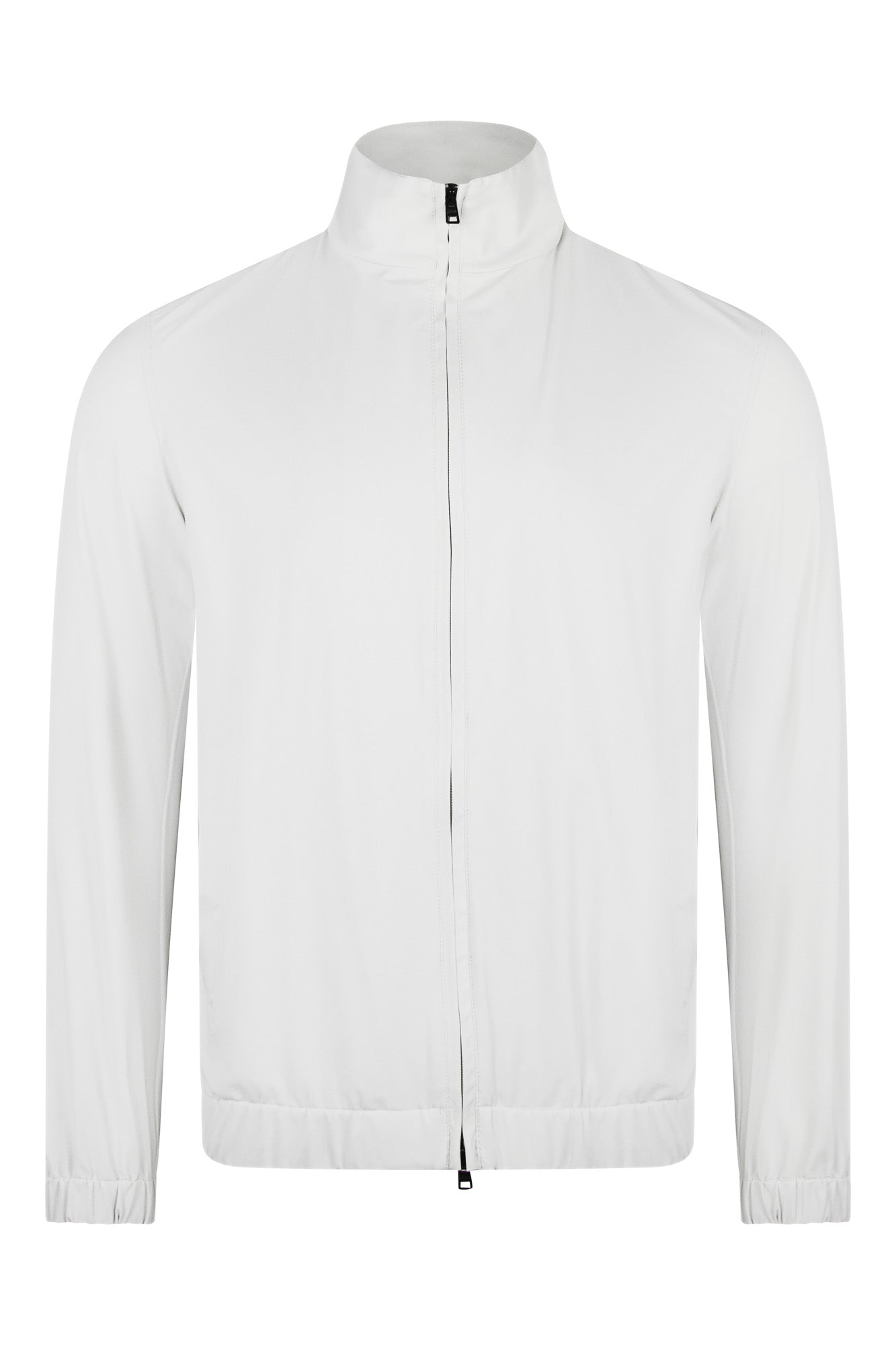 Off-white nylon bomber jacket with stand collar and front zip closure