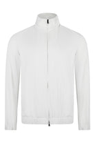 Off-white nylon bomber jacket with stand collar and front zip closure