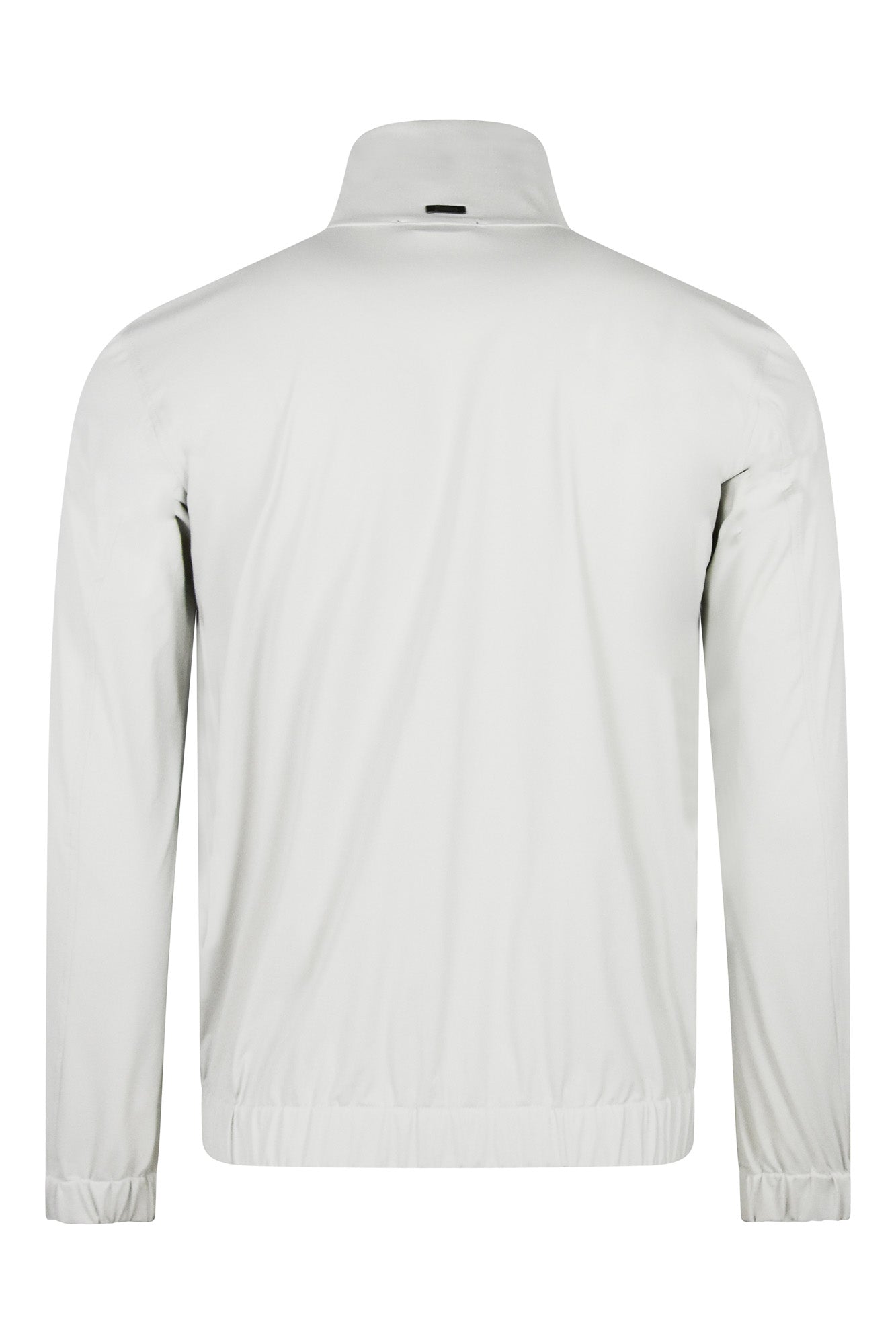 Off-white nylon bomber jacket back view with ribbed hem and cuffs