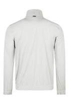 Off-white nylon bomber jacket back view with ribbed hem and cuffs