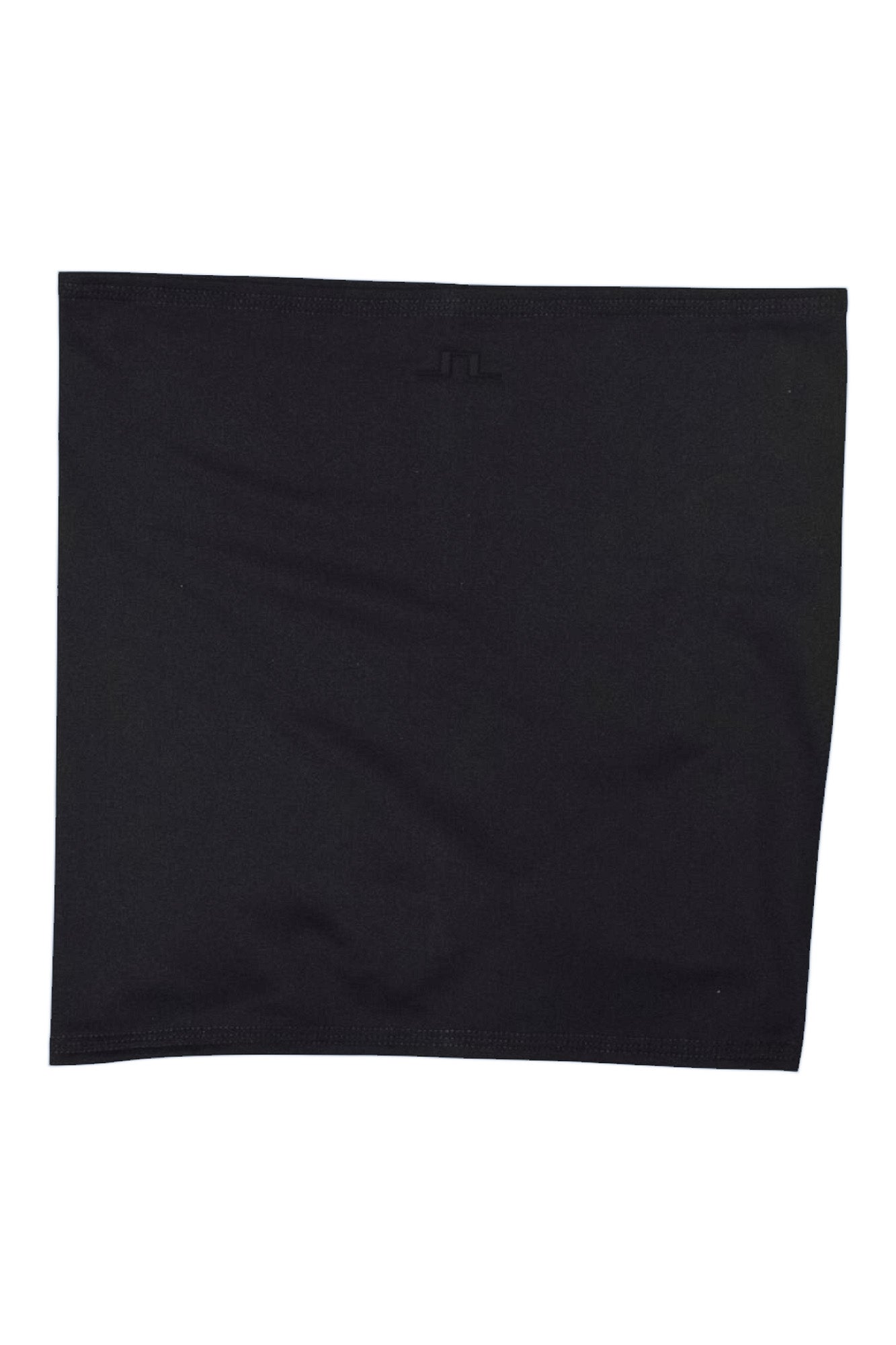 Black neck gaiter, flat knit fabric with small logo mark at center.