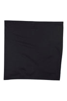 Black neck gaiter, flat knit fabric with small logo mark at center.