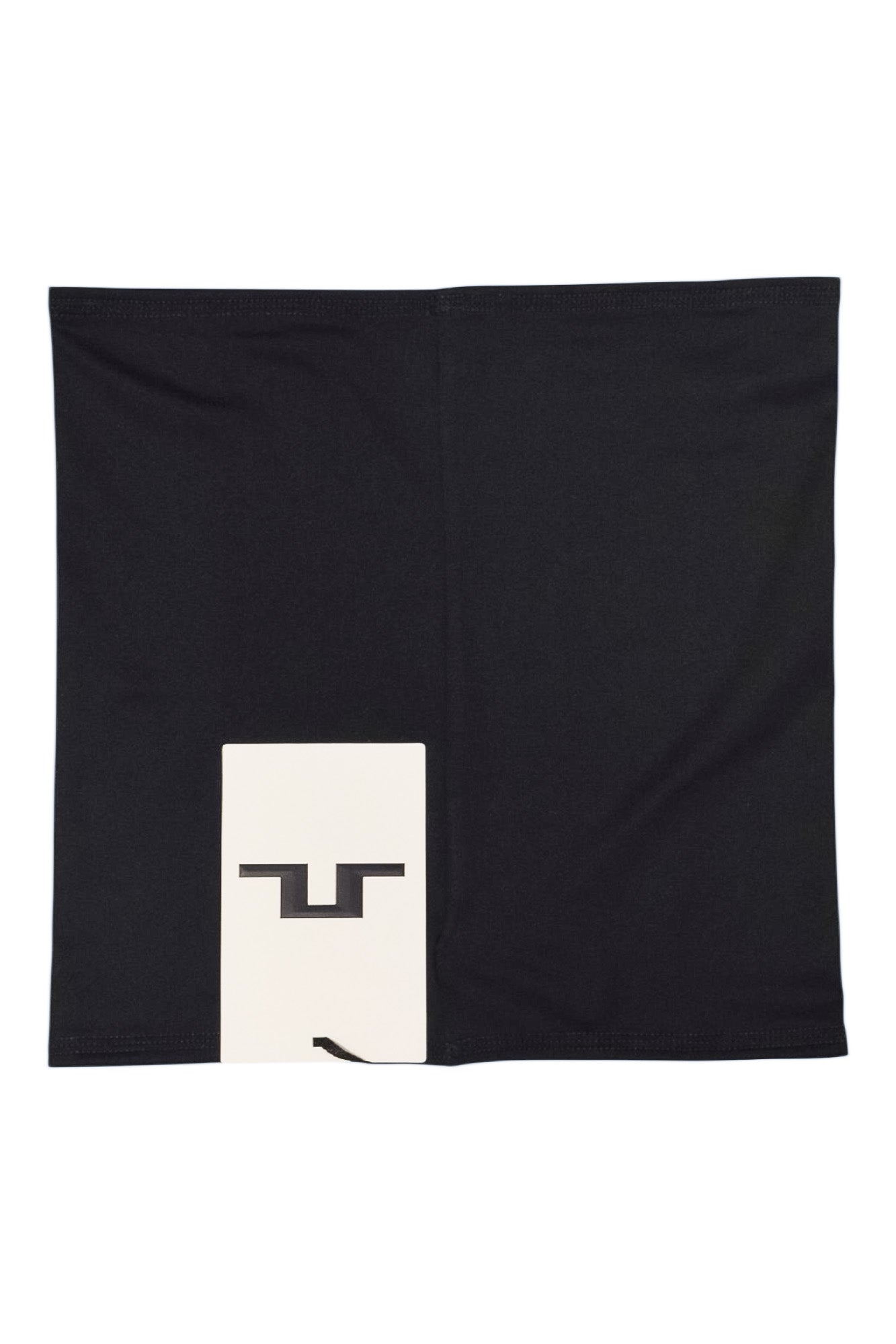 Black neck gaiter with large white J. Lindeberg logo patch on front.