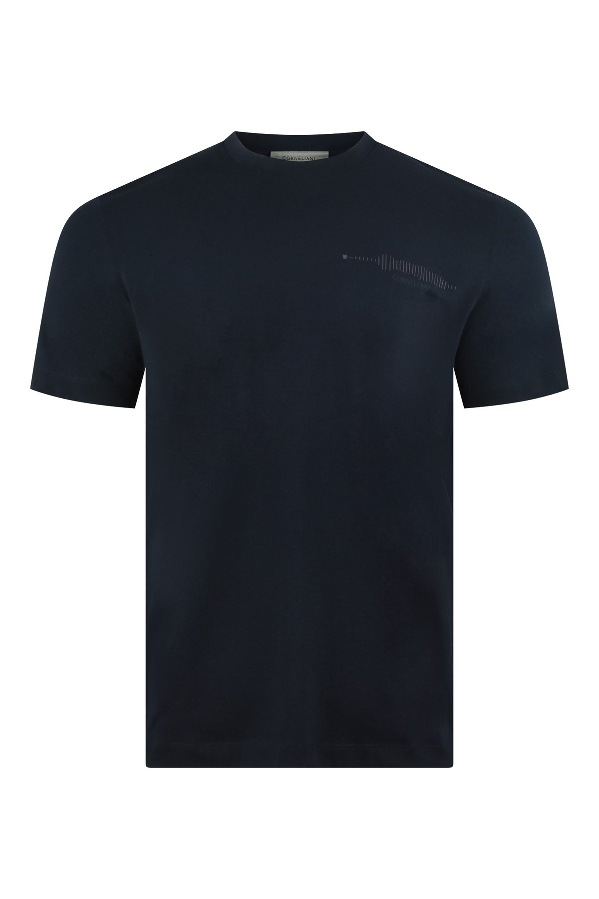 Navy crew-neck short-sleeve T-shirt with subtle frequency bar logo at chest