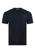 Navy crew-neck short-sleeve T-shirt with subtle frequency bar logo at chest