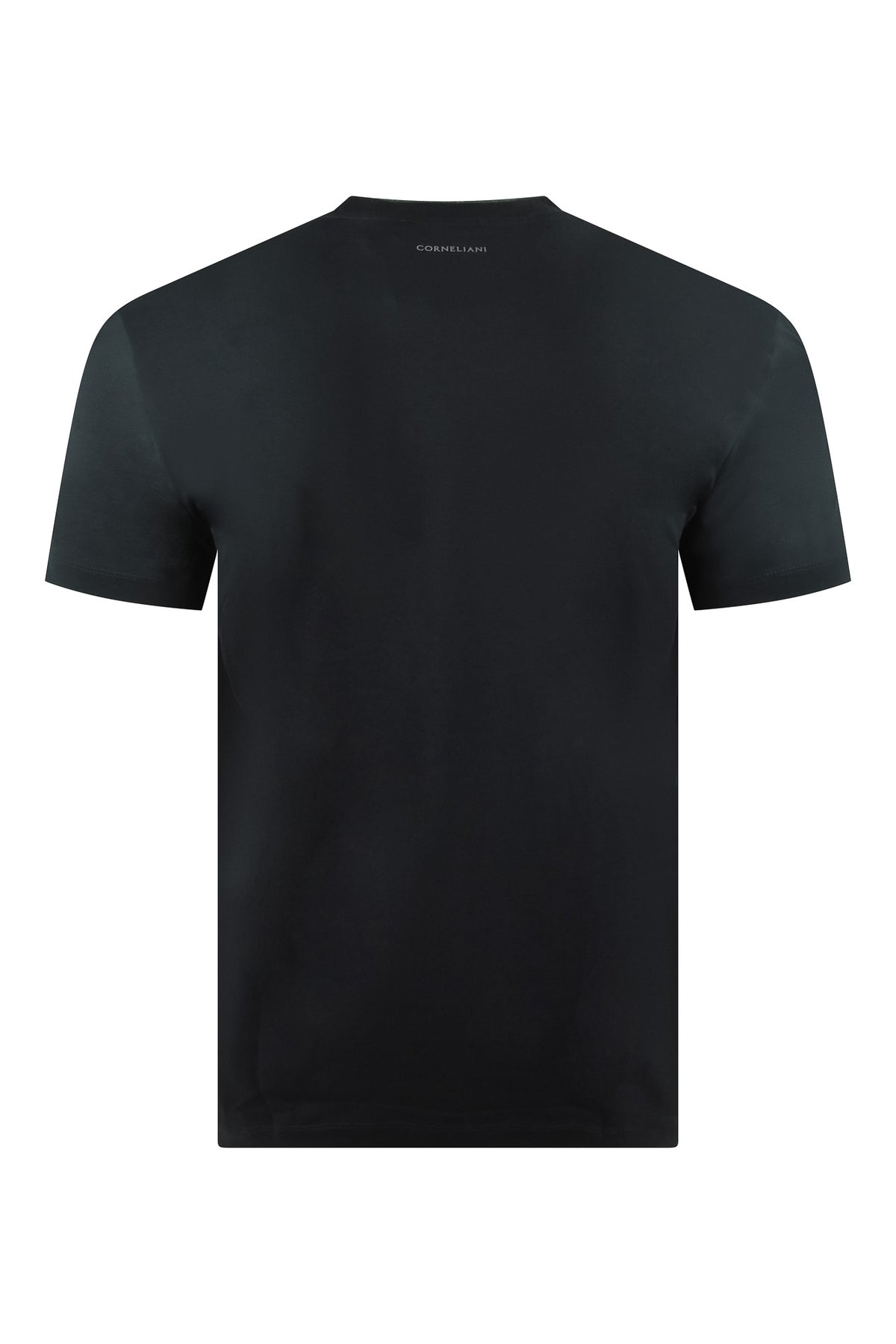 Black crew-neck short-sleeve T-shirt, back view