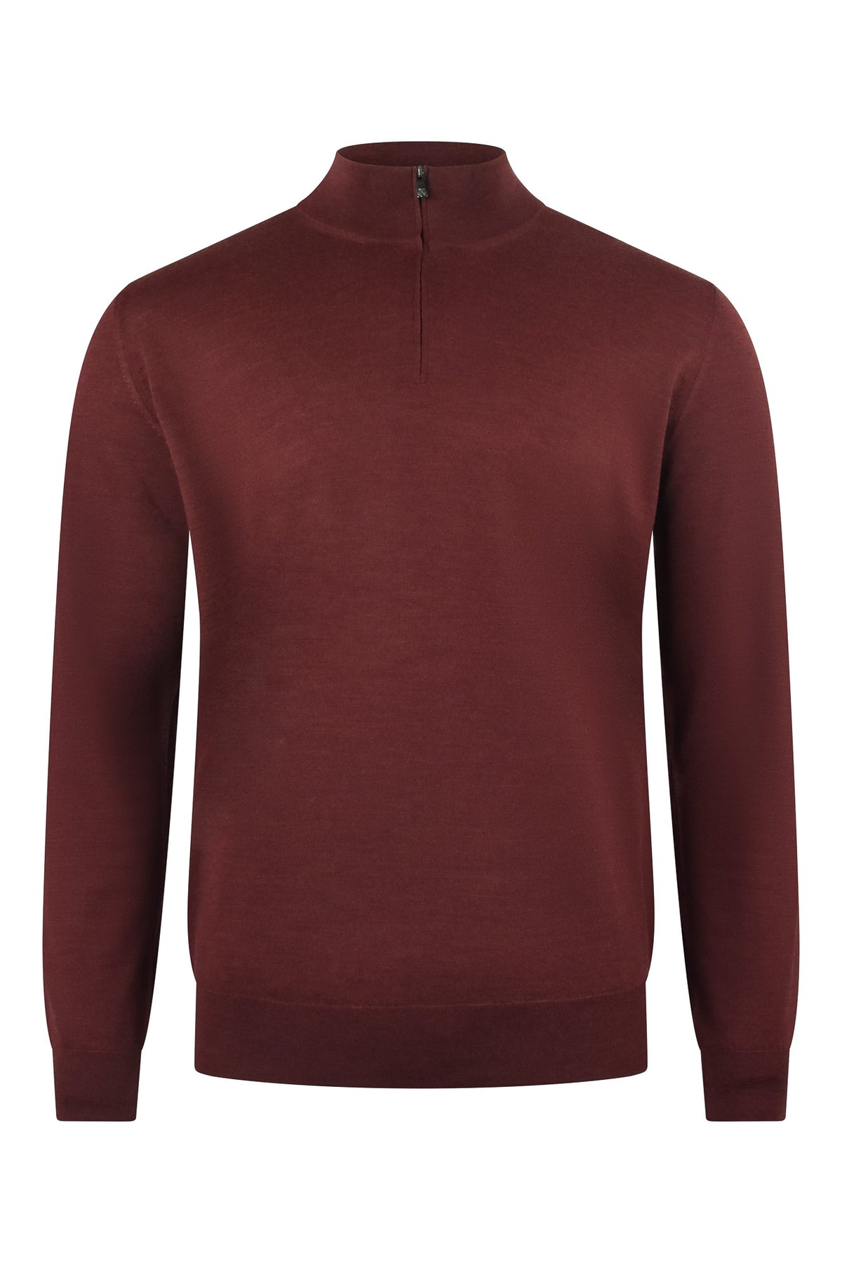 Burgundy merino quarter-zip knitted jumper with ribbed high collar