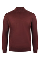 Burgundy merino quarter-zip knitted jumper with ribbed high collar