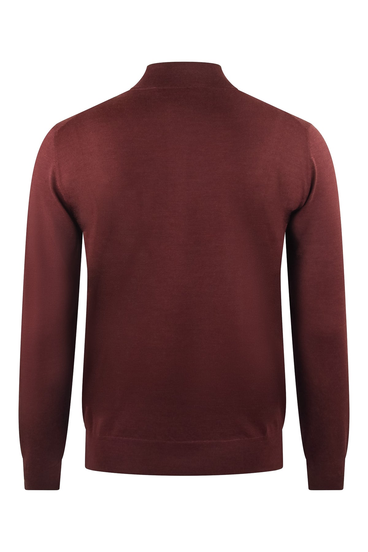 Burgundy merino quarter-zip knitted jumper, back view with ribbed hem
