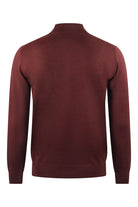 Burgundy merino quarter-zip knitted jumper, back view with ribbed hem