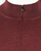 Burgundy quarter-zip knit collar with zip pull and ribbed neckline