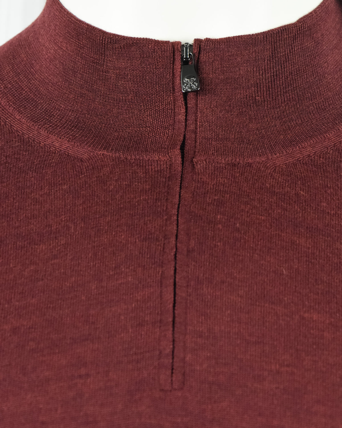 Burgundy quarter-zip knit collar with zip pull and ribbed neckline