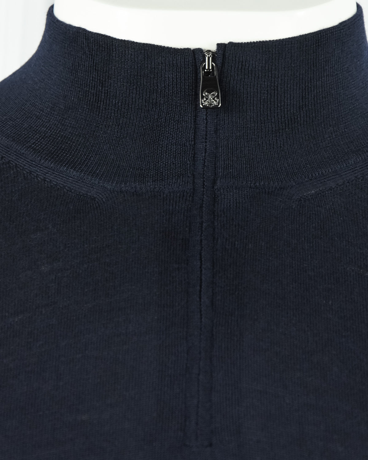 Corneliani navy merino quarter-zip knit jumper zipper and pull detail