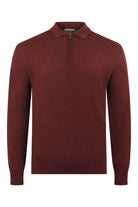 Burgundy textured knit long-sleeve zip polo with ribbed spread collar