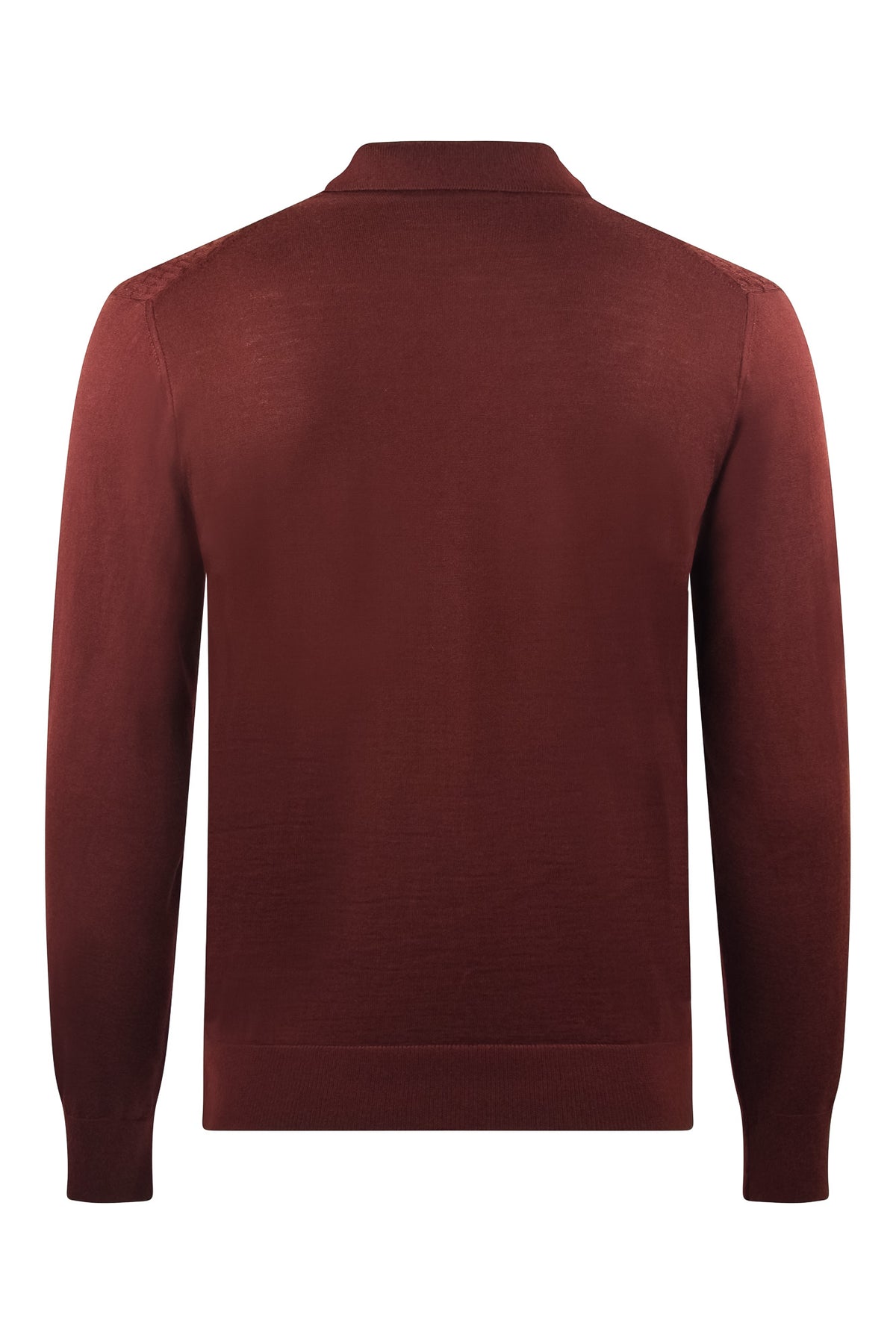 Burgundy textured knit long-sleeve zip polo, back view
