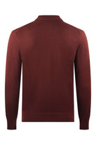 Burgundy textured knit long-sleeve zip polo, back view