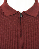 Burgundy textured knit polo placket with zip and ribbed collar
