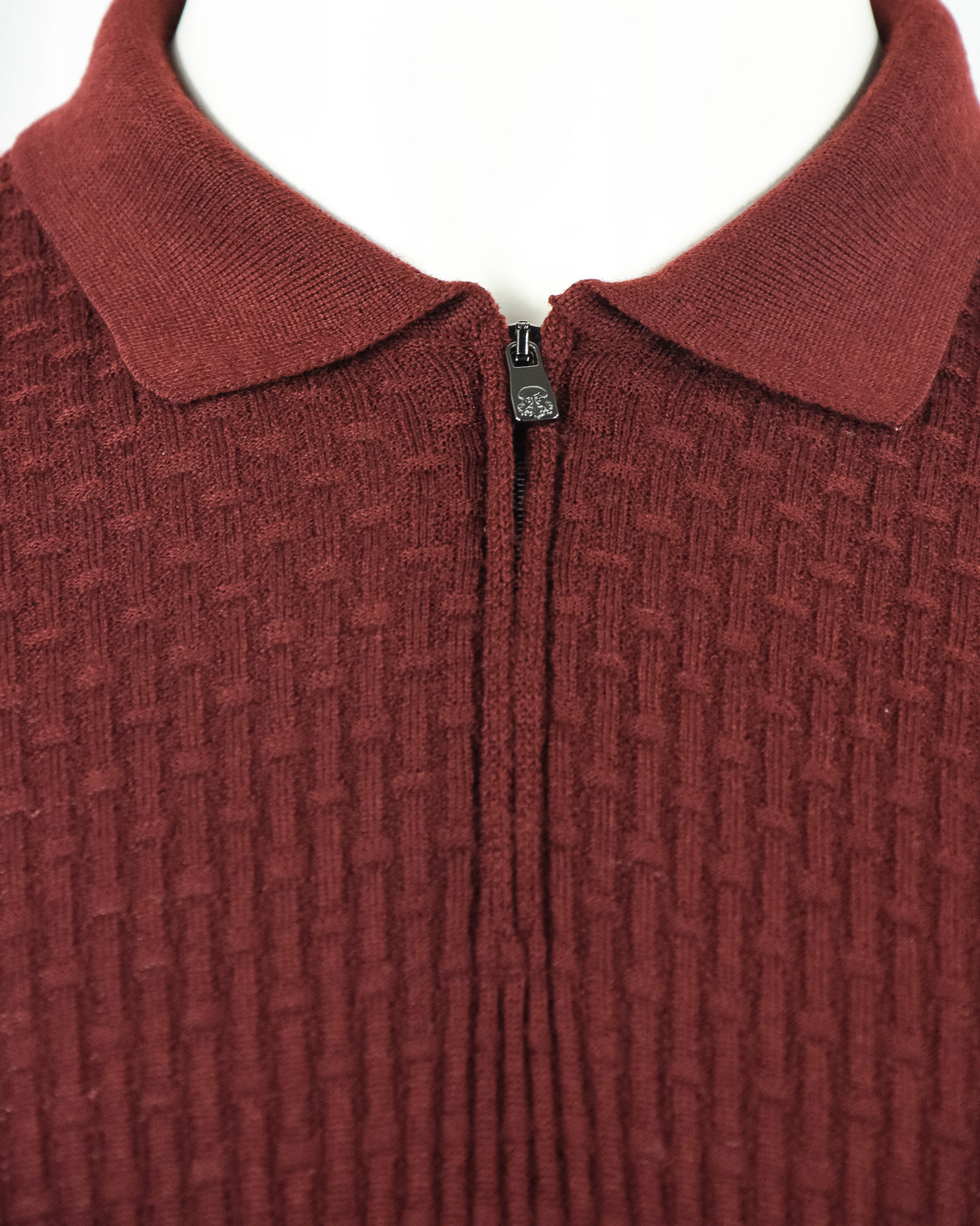 Burgundy textured knit polo placket with zip and ribbed collar