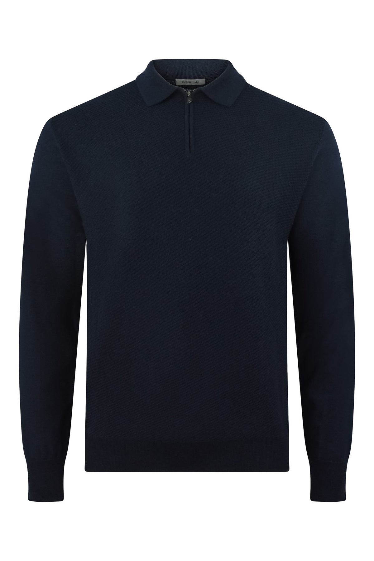 Navy textured long-sleeve zip polo with stand collar and half front zipper