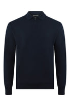 Navy textured long-sleeve zip polo with stand collar and half front zipper