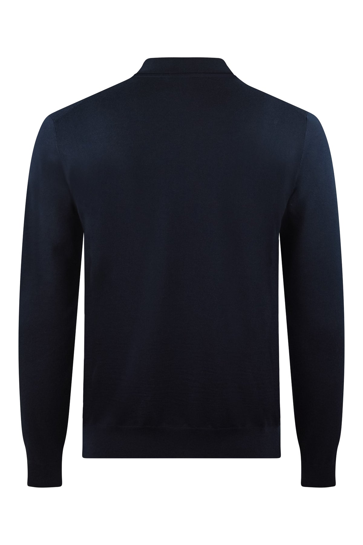 Navy textured long-sleeve zip polo, back view with full-length sleeves