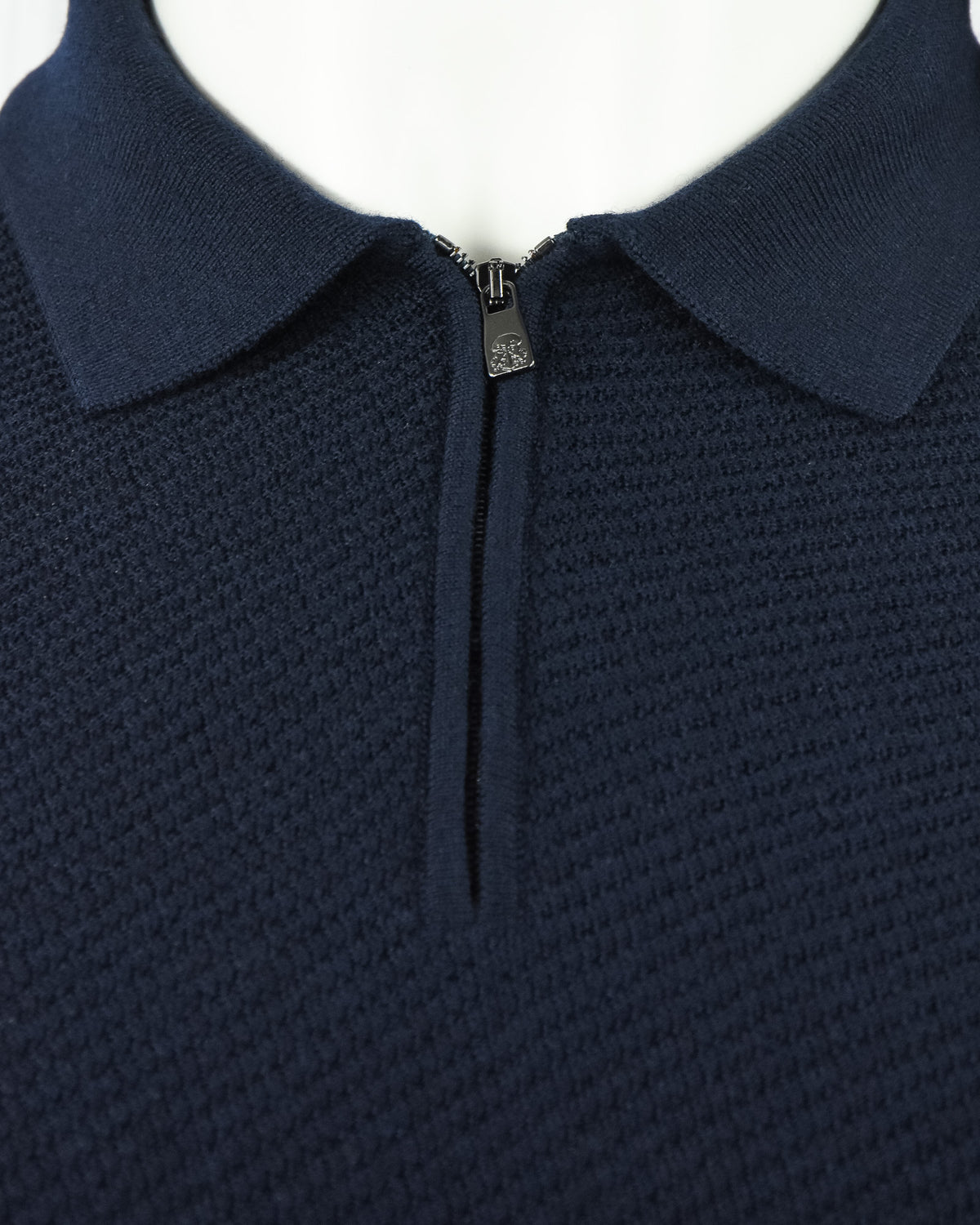 Navy textured knit polo collar with half zipper and metal pull tab