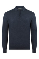 Blue long-sleeve textured zip polo with half-zip placket and ribbed collar