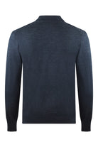Blue long-sleeve textured zip polo back view with ribbed hem