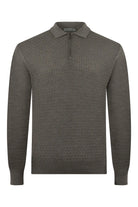 Corneliani taupe long-sleeve textured zip polo with stand collar and zipper placket