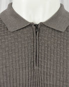 Corneliani taupe knit zip polo collar detail with stand collar and metal zipper