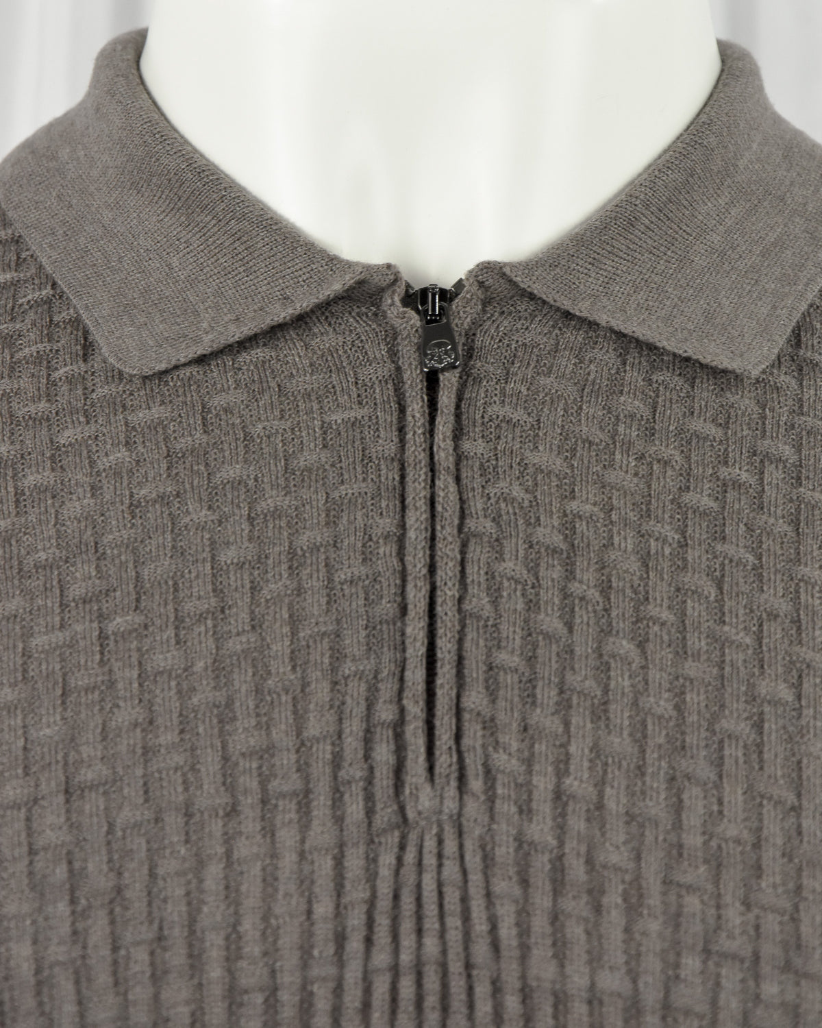Corneliani taupe knit zip polo collar detail with stand collar and metal zipper