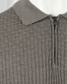 Corneliani taupe textured knit polo with stand collar and front zipper placket
